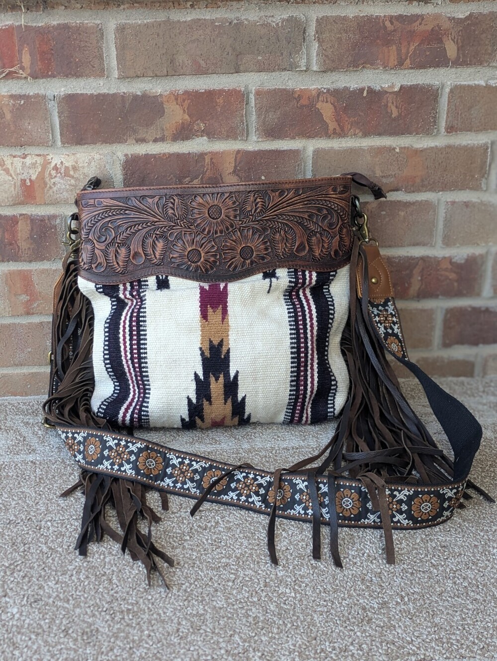 American Darling Saddle Blanket Crossbody Bag Leather Western Aztec Fringe Purse
